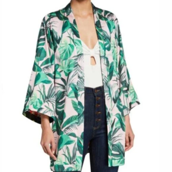 Alice & Olivia Lynn Reversible Short Palm Print Hawaii Kimono Robe Patchwork M/L - Picture 2 of 12